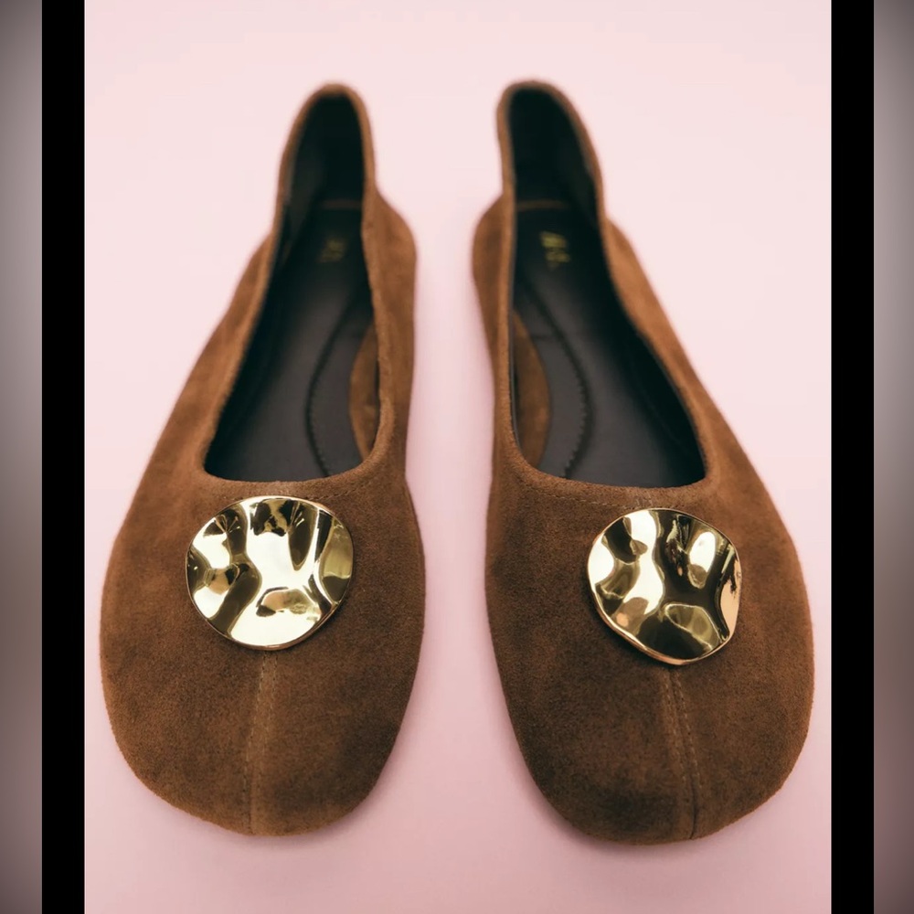 Zara Brown Suede Flats with Gold Detail